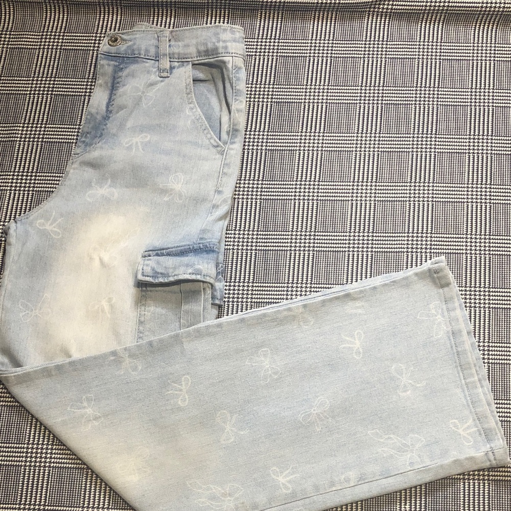 YMI Light Blue Flare-hem Leg Cargo Jeans with Embroidered Bows